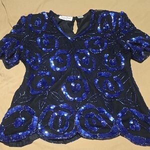 Laurence Kazar Midnight Blue Sequin Rose Blouse